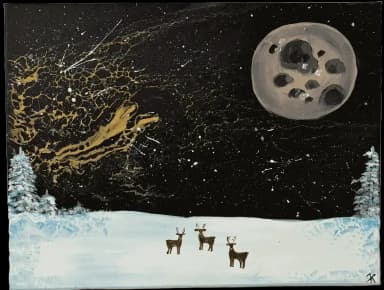 Three deers on the snow. Night view with big moon