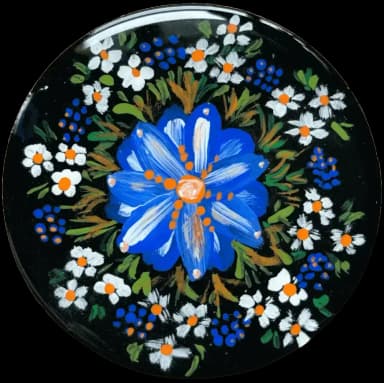 Petrykivka folk art. Blue and white flowers with the green leaves on the black background