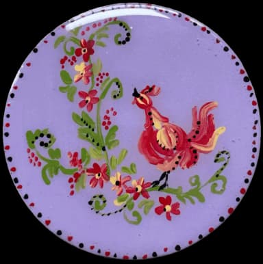 Petrykivka folk art. Red rooster with red flowers